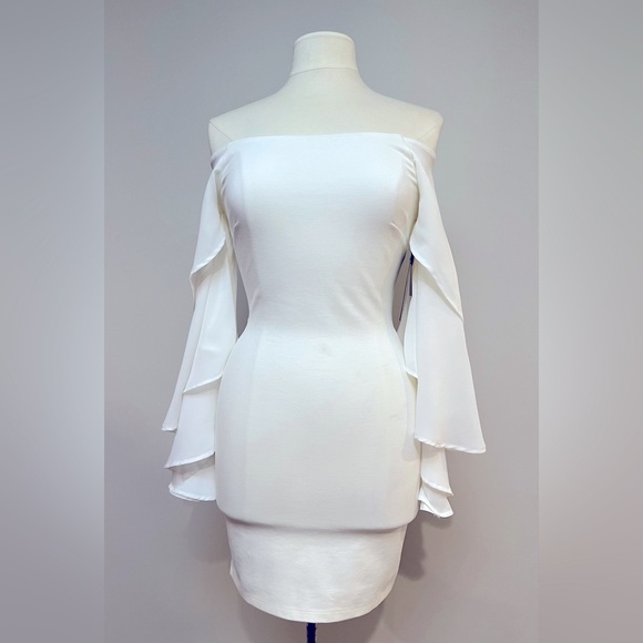 Lulus Dresses & Skirts - WHITE MIDI OFF THE SHOULDER DRESS WITH CHIFFON FLUTTER SLEEVES